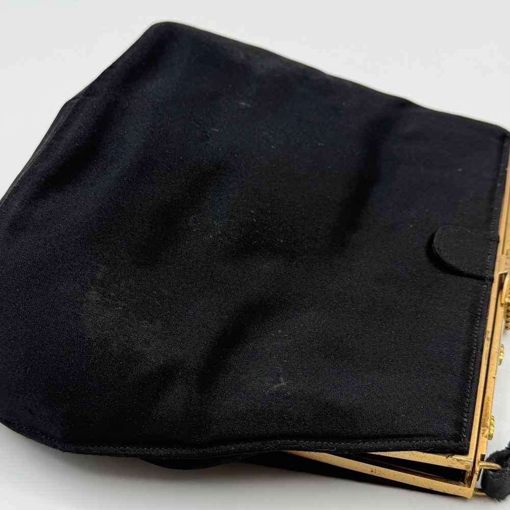 VTG Koret Black Satin Evening Bag Mother of Pearl Enamel Frame Gold Tone Clutch - Picture 9 of 12